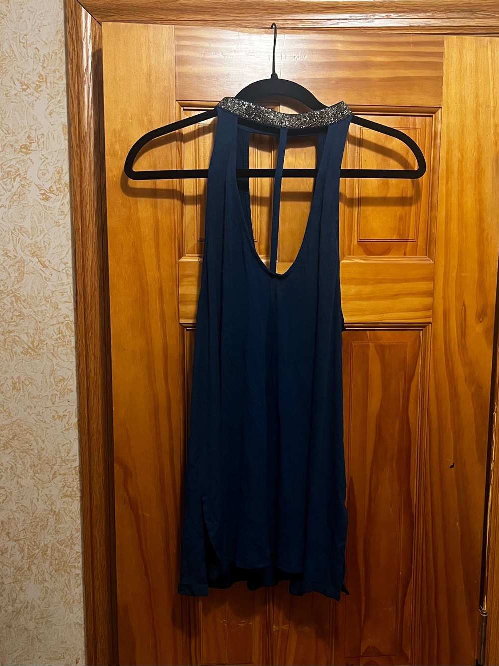 Navy Beaded Neck Tank Top